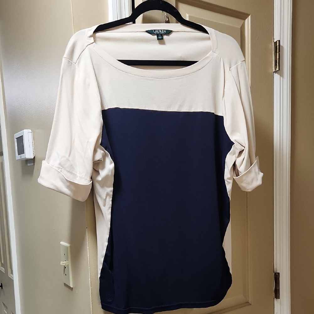 Ralph Lauren Light Cream and Navy Blue color 3/4 Sleeve Boxy Blouse